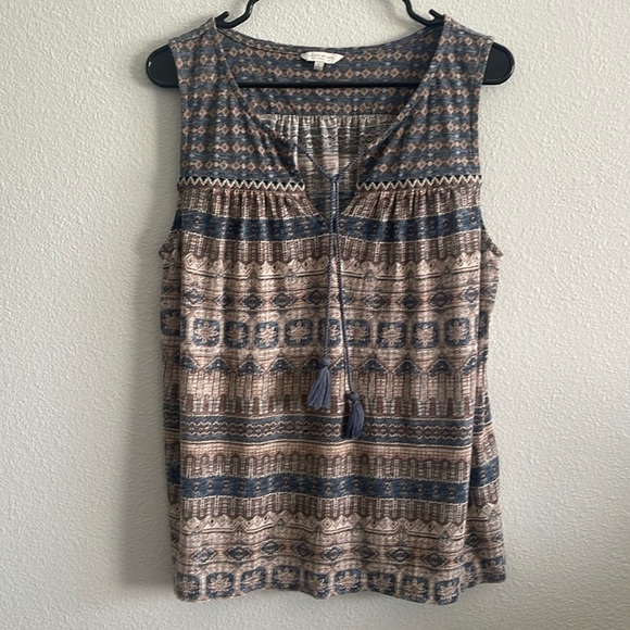 Lucky Brand Blue and Tan Sleeveless Patterned Top Size Large - Picture 1 of 7